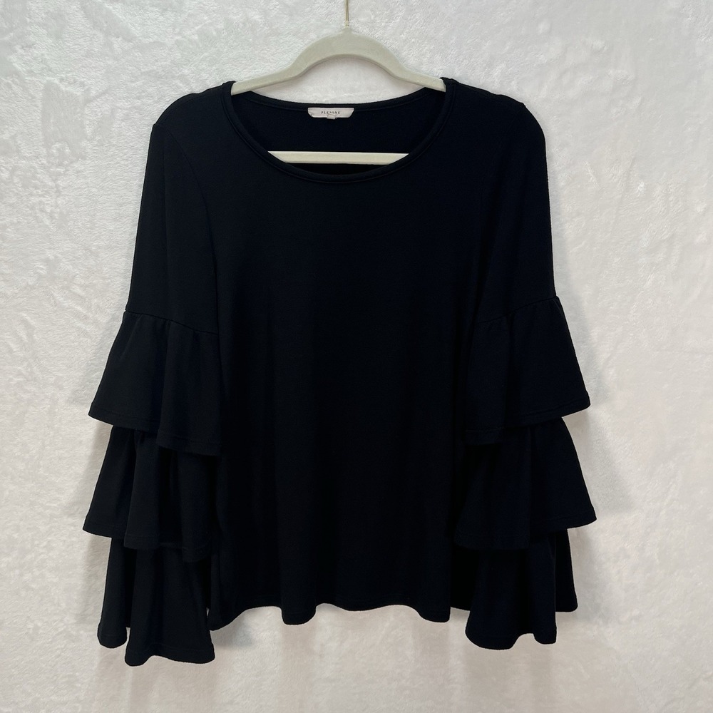 Pleione Tiered Ruffle Long Sleeve Top Womens XS Black Casual Whimsigoth
